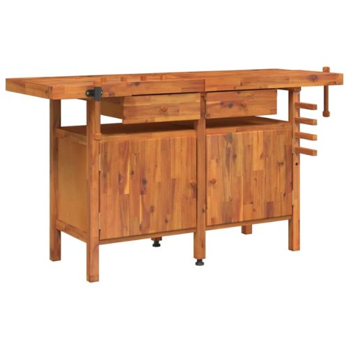 Solid Acacia Wood Workbench with 2 Drawers, 2 Vices and a Cabinet 162x62x83 cm