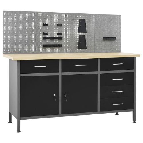 Steel Workbench with Four Wall Panels, Six Draws and Two Cabinets