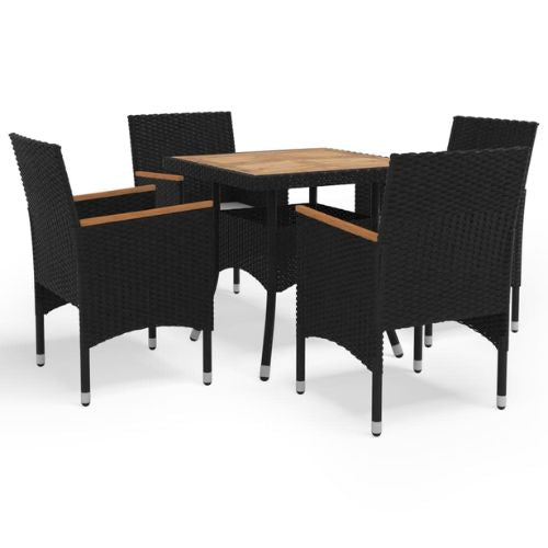 Black Poly Rattan and Solid Acacia Wood 5 Piece Garden Dining Set