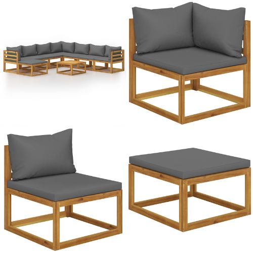 Garden Lounge Set 9 Piece with Grey Cushions in Solid Wood Acacia - When You're Outdoors