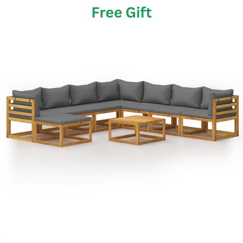 Garden Lounge Set 9 Piece with Grey Cushions in Solid Wood Acacia - When You're Outdoors