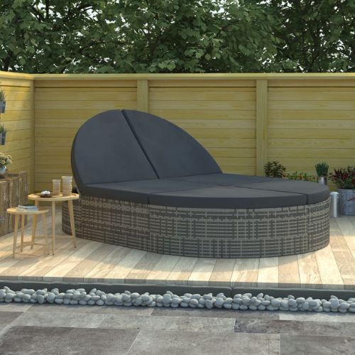 Grey Poly Rattan 2-Person Sun Lounger with Cushions