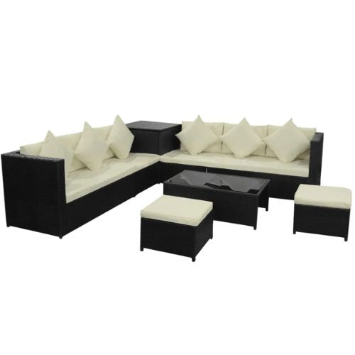 Garden Lounge 8 Piece Set with Cream Cushions in Rattan Black Finish - When You're Outdoors