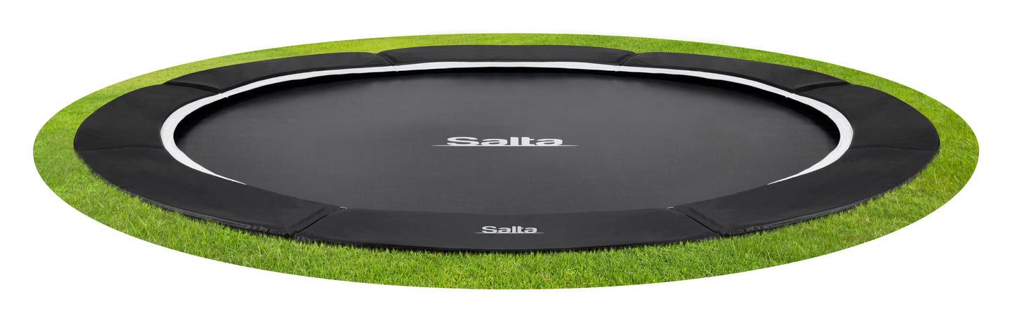 Salta black framed trampoline with a safety net enclosure in various padding colours