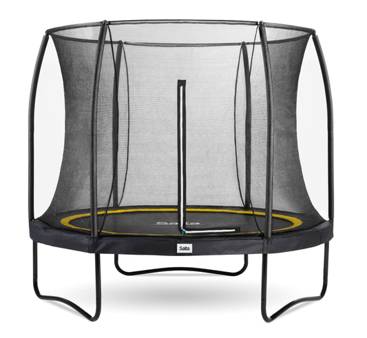 Salta black framed trampoline with a safety net enclosure in various padding colours