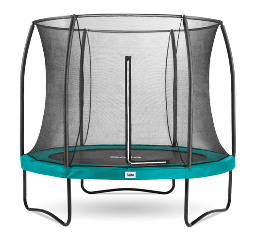 Salta black framed trampoline with a safety net enclosure in various padding colours