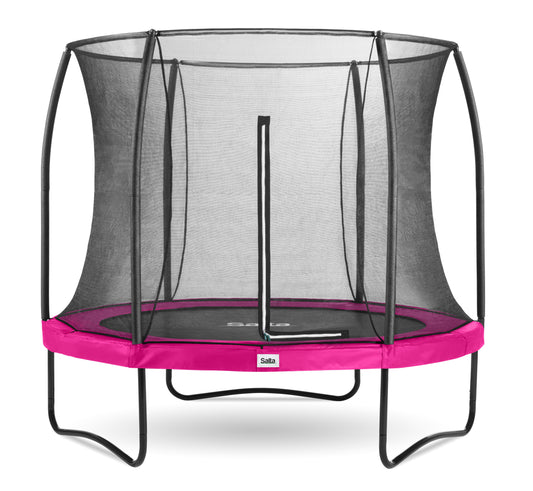 Salta black framed trampoline with a safety net enclosure in various padding colours