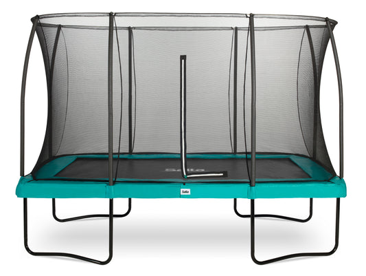 Salta black framed trampoline with a safety net enclosure in various padding colours