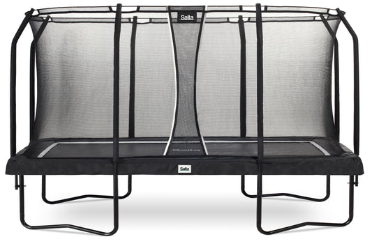 Salta black framed trampoline with a safety net enclosure in various padding colours