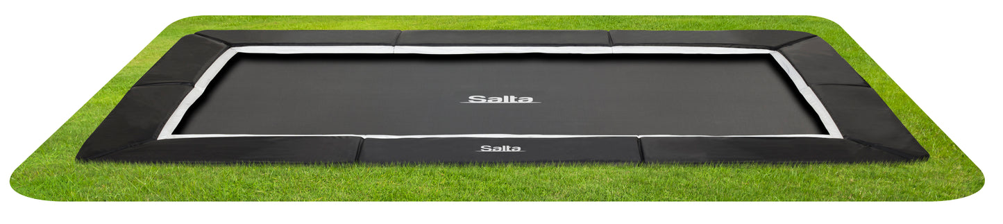 Salta black framed trampoline with a safety net enclosure in various padding colours