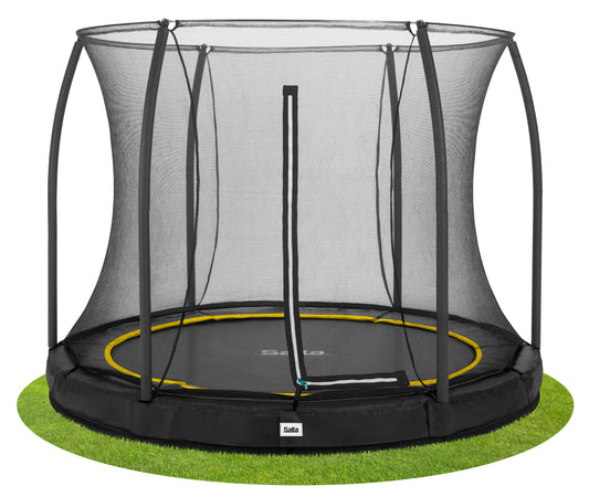 Salta black framed trampoline with a safety net enclosure in various padding colours