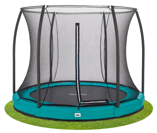 Salta black framed trampoline with a safety net enclosure in various padding colours