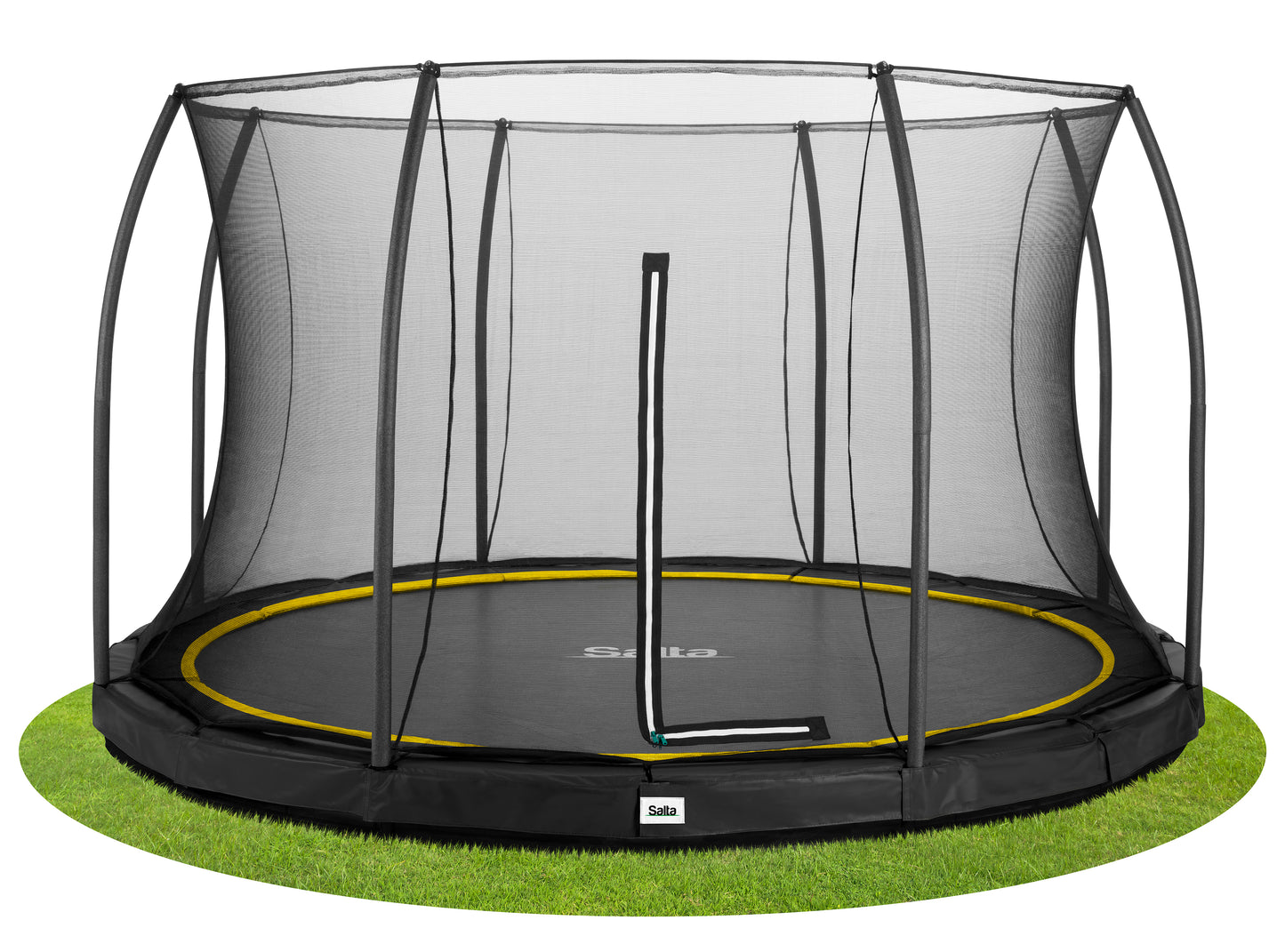 Salta black framed trampoline with a safety net enclosure in various padding colours