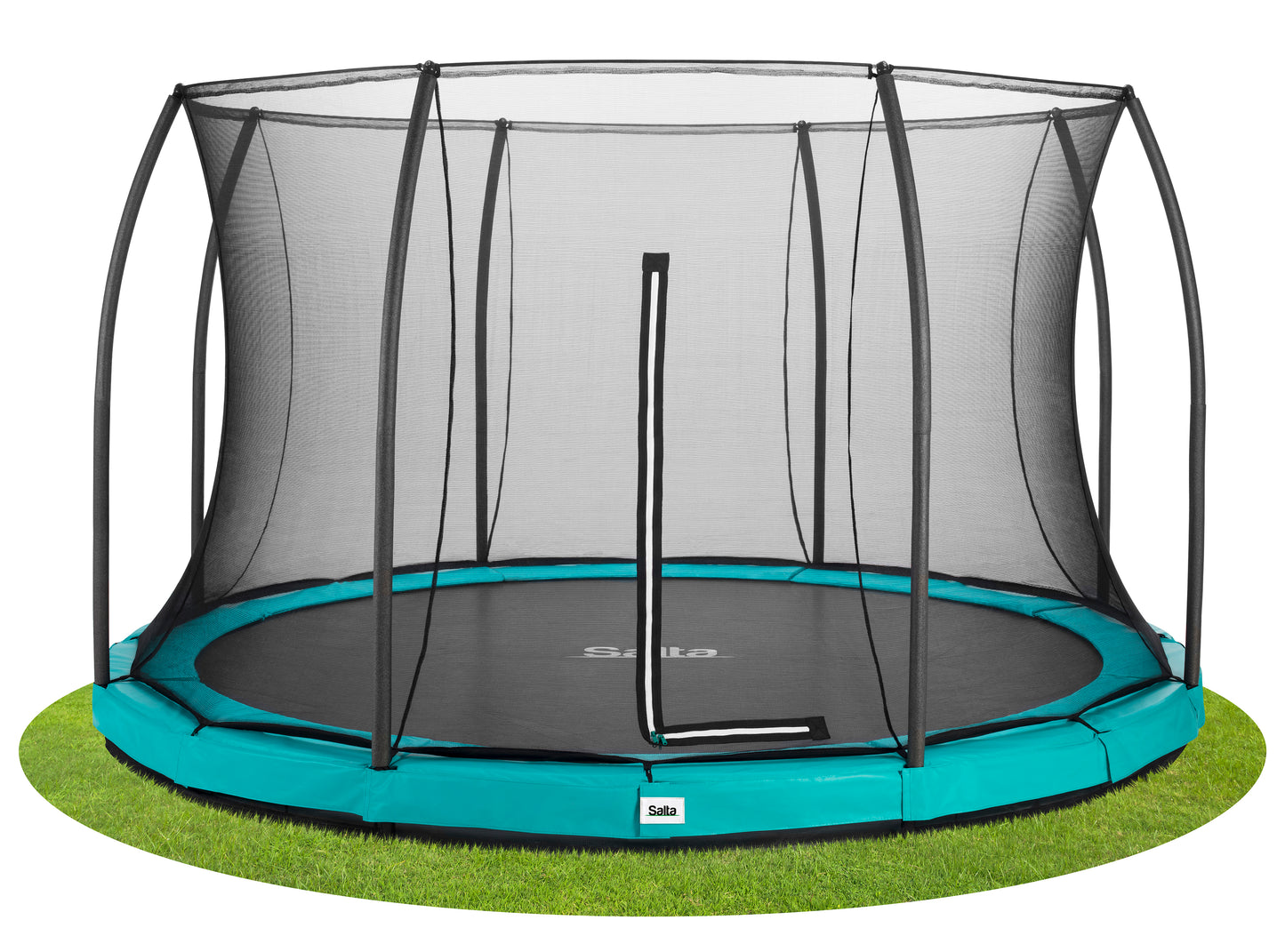 Salta black framed trampoline with a safety net enclosure in various padding colours