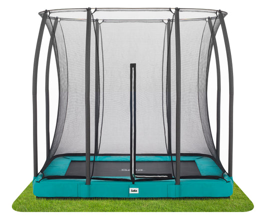 Salta black framed trampoline with a safety net enclosure in various padding colours