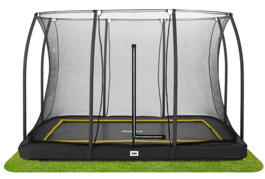 Salta black framed trampoline with a safety net enclosure in various padding colours