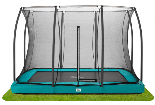 Salta black framed trampoline with a safety net enclosure in various padding colours