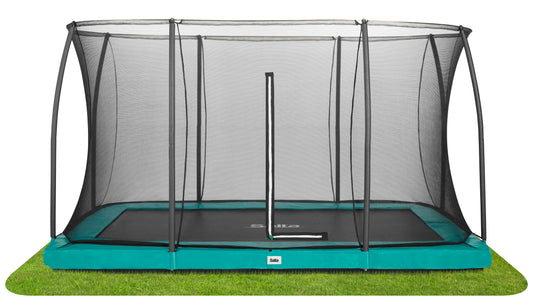 Salta black framed trampoline with a safety net enclosure in various padding colours