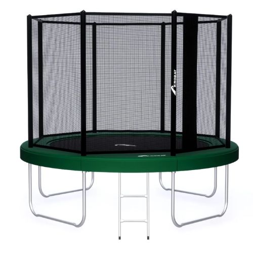 Akrobat black framed trampoline with a safety net enclosure in black-green padding colours