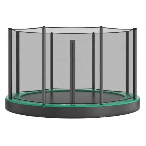 Akrobat black framed trampoline with a safety net enclosure in black-green padding colours