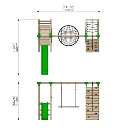 Little Rascals Wooden Single Swing Set with slide, climbing wall with net & nest swing