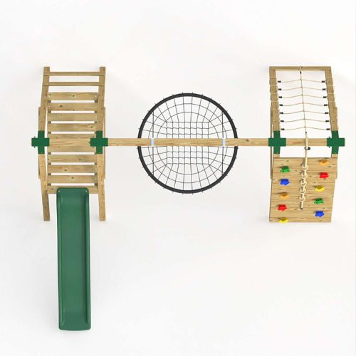 Little Rascals Wooden Single Swing Set with slide, climbing wall with net & nest swing