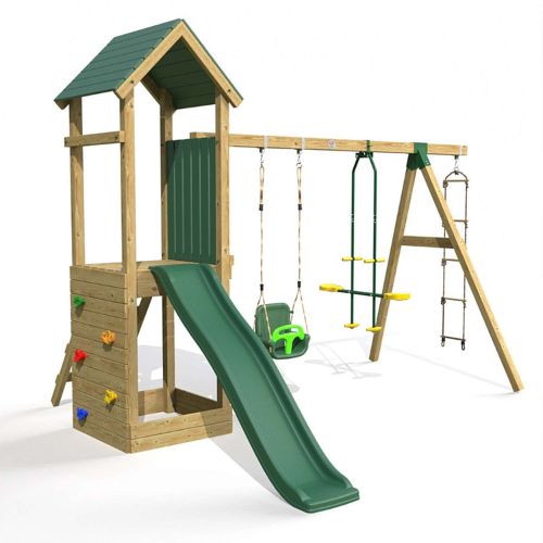 Little Rascals Wooden Climbing Frame & Triple Swing Set with 3 in 1 Baby Seat, Glider & Rope Ladder.