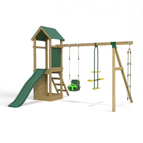 Little Rascals Wooden Climbing Frame & Triple Swing Set with 3 in 1 Baby Seat, Glider & Rope Ladder.