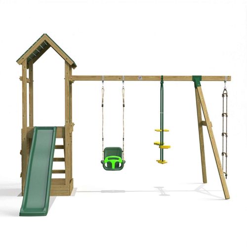 Little Rascals Wooden Climbing Frame & Triple Swing Set with 3 in 1 Baby Seat, Glider & Rope Ladder.