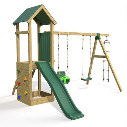 Little Rascals Wooden Climbing Frame & Triple Swing Set with 3 in 1 Baby Seat, Swing Set & Rope Ladder.