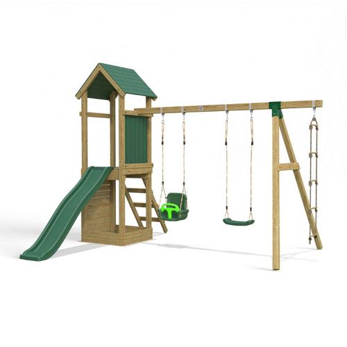 Little Rascals Wooden Climbing Frame & Triple Swing Set with 3 in 1 Baby Seat, Swing Set & Rope Ladder.