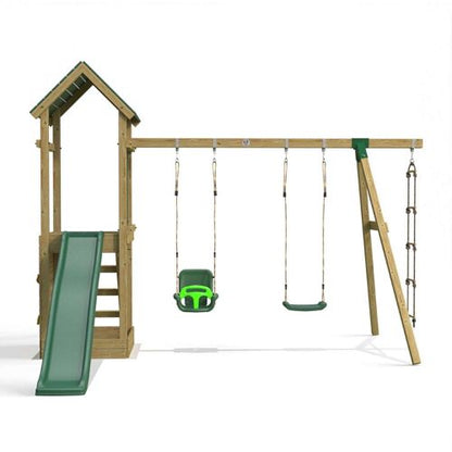 Little Rascals Wooden Climbing Frame & Triple Swing Set with 3 in 1 Baby Seat, Swing Set & Rope Ladder.