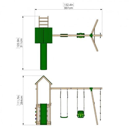 Little Rascals Wooden Climbing Frame & Triple Swing Set with 3 in 1 Baby Seat, Swing Set & Rope Ladder.