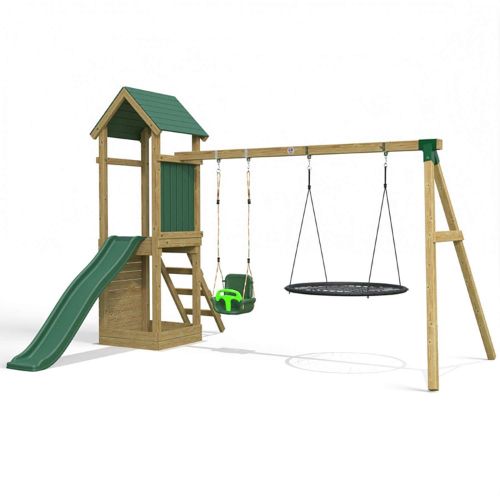 Little Rascals Wooden Climbing Frame & Double Swing Set with 3 in 1 Baby Seat & Nest Swing.