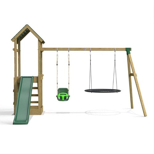 Little Rascals Wooden Climbing Frame & Double Swing Set with 3 in 1 Baby Seat & Nest Swing.