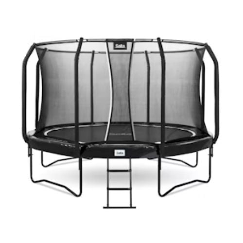 Salta black framed trampoline with a safety net enclosure in various padding colours