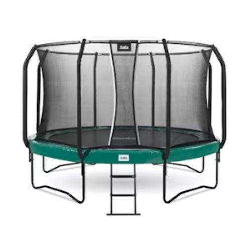 Salta black framed trampoline with a safety net enclosure in various padding colours