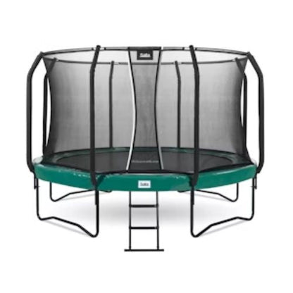 Salta black framed trampoline with a safety net enclosure in various padding colours