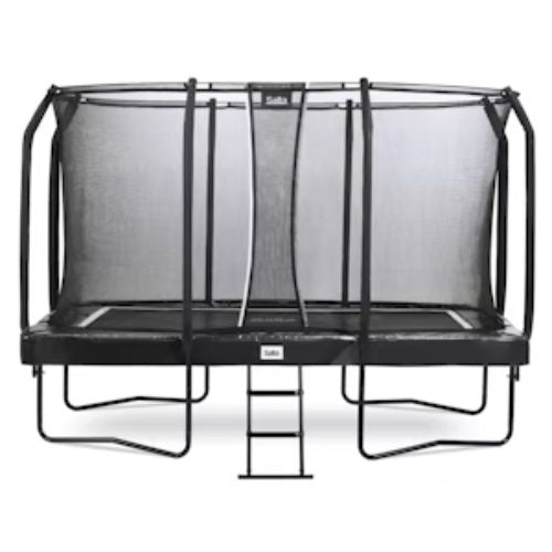 Salta black framed trampoline with a safety net enclosure in various padding colours