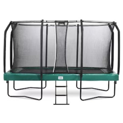 Salta black framed trampoline with a safety net enclosure in various padding colours