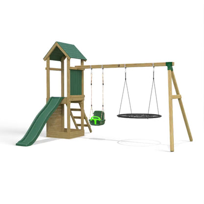 Little Rascals Wooden Climbing Frame & Double Swing Set with 3 in 1 Baby Seat & Nest Swing.