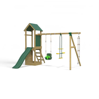 Little Rascals Wooden Climbing Frame & Triple Swing Set with 3 in 1 Baby Seat, Glider & Rope Ladder.