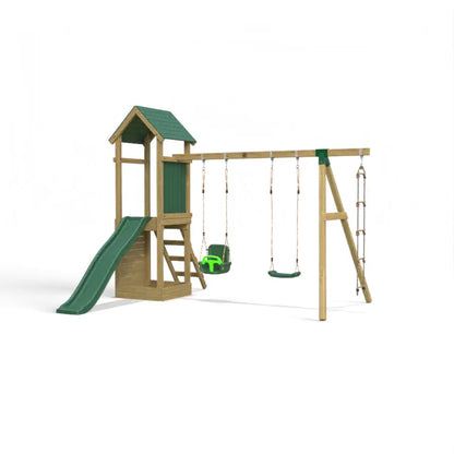 Little Rascals Wooden Climbing Frame & Triple Swing Set with 3 in 1 Baby Seat, Swing Set & Rope Ladder.