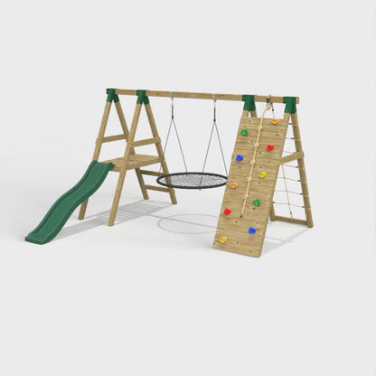 Little Rascals Wooden Single Swing Set with slide, climbing wall with net & nest swing